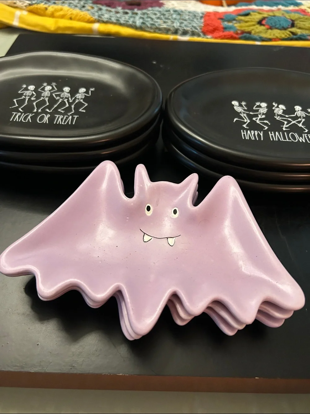 Rae Dunn Pink Bat Soon Rest or candy Holders with 6 Black Halloween Snack Plates